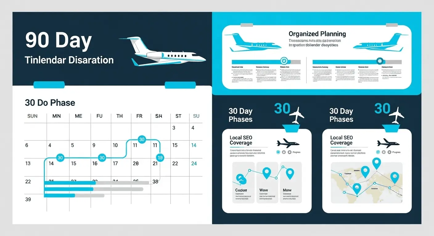 90-day calendar timeline showing systematic local SEO plan for private charter business launch with phases and milestones