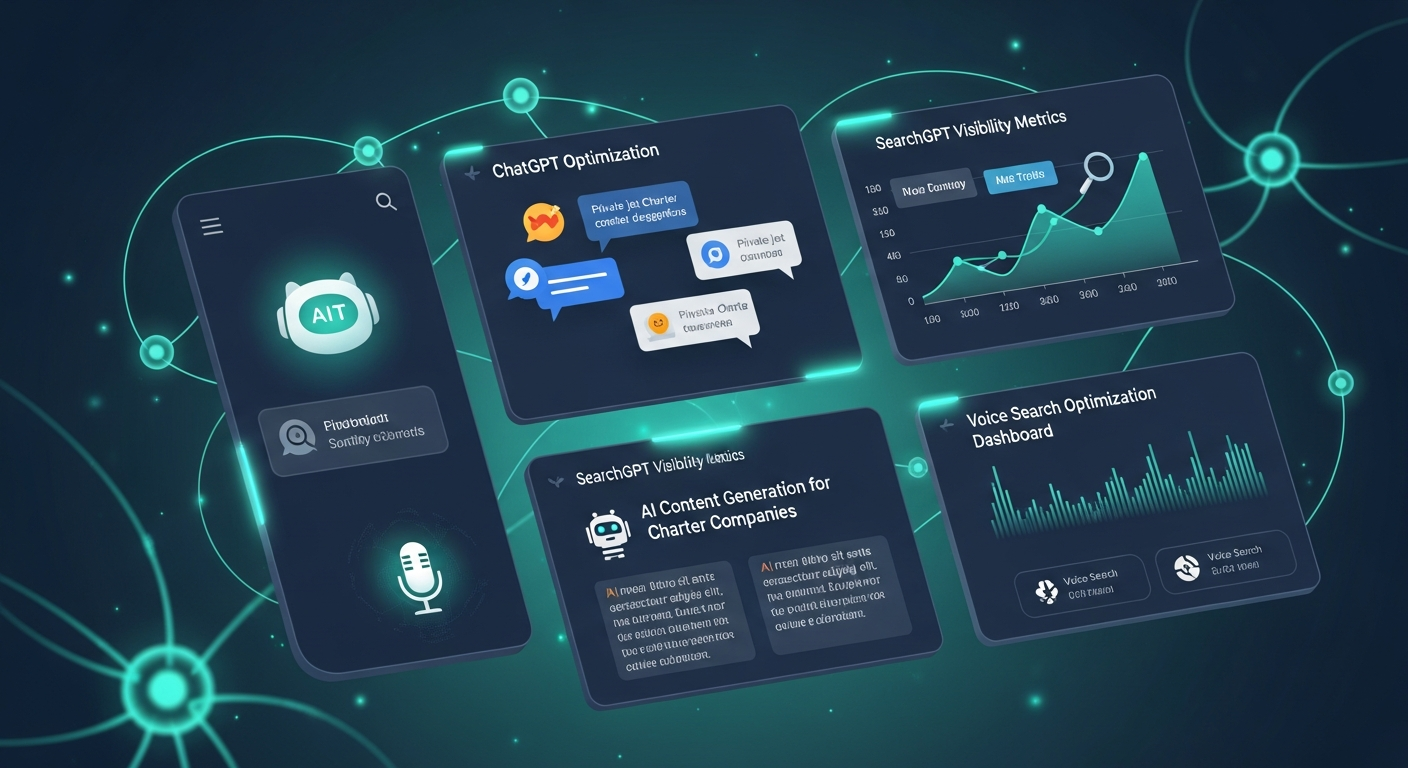 AI-powered SEO technology dashboard showing ChatGPT optimization and SearchGPT visibility metrics for private jet charter companies