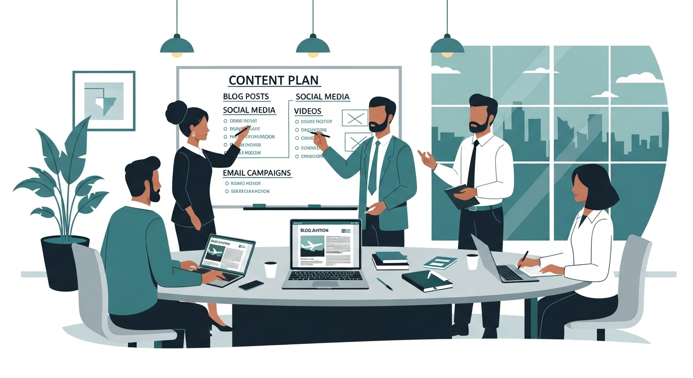 Aviation marketing team developing content strategy in boardroom with content calendar and performance metrics analysis