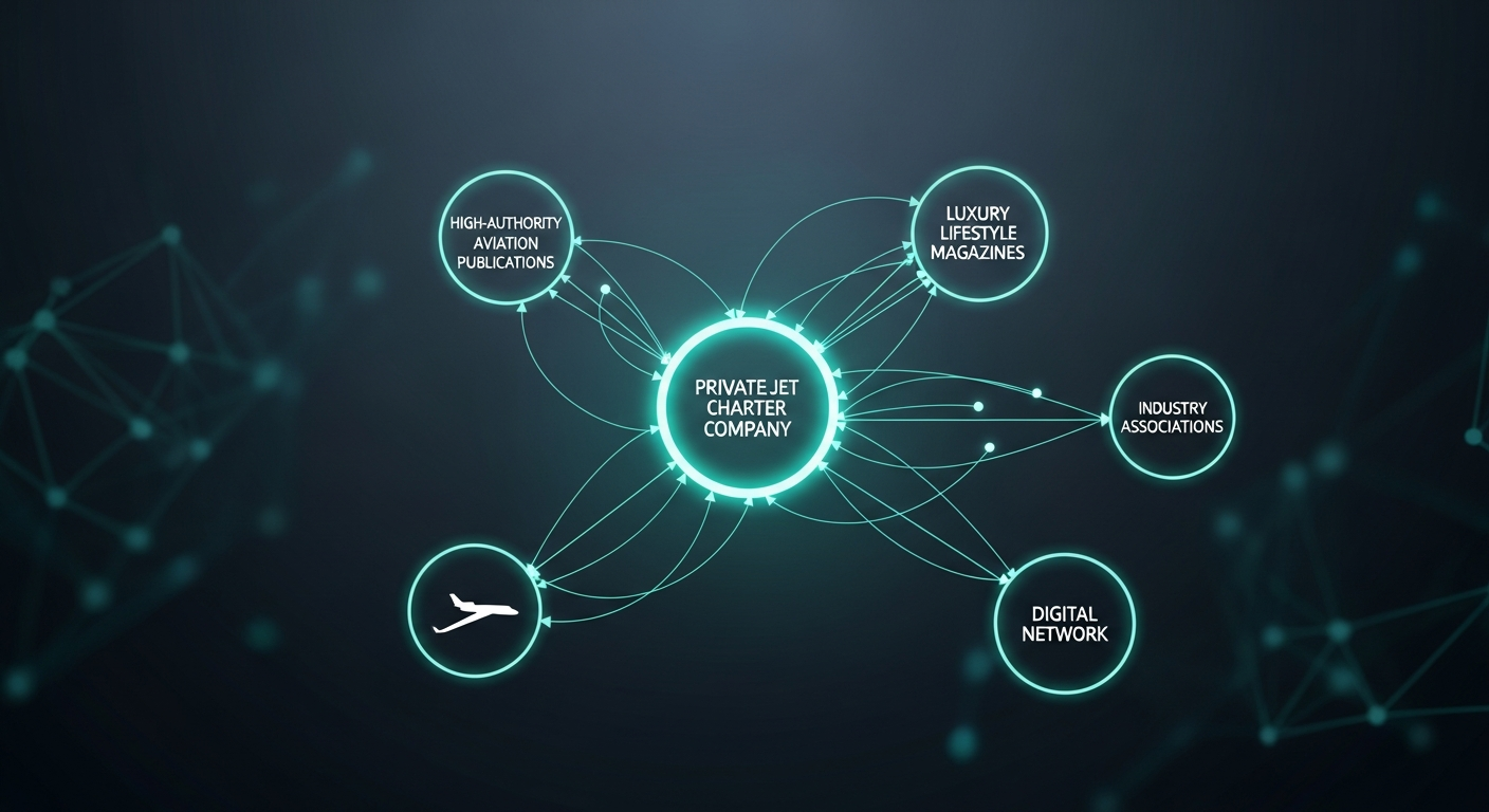 Aviation link building network visualization showing high-authority backlinks from luxury media and industry publications for private jet charter companies