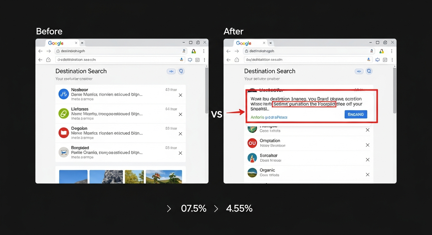 Before and after comparison showing destination website winning featured snippets