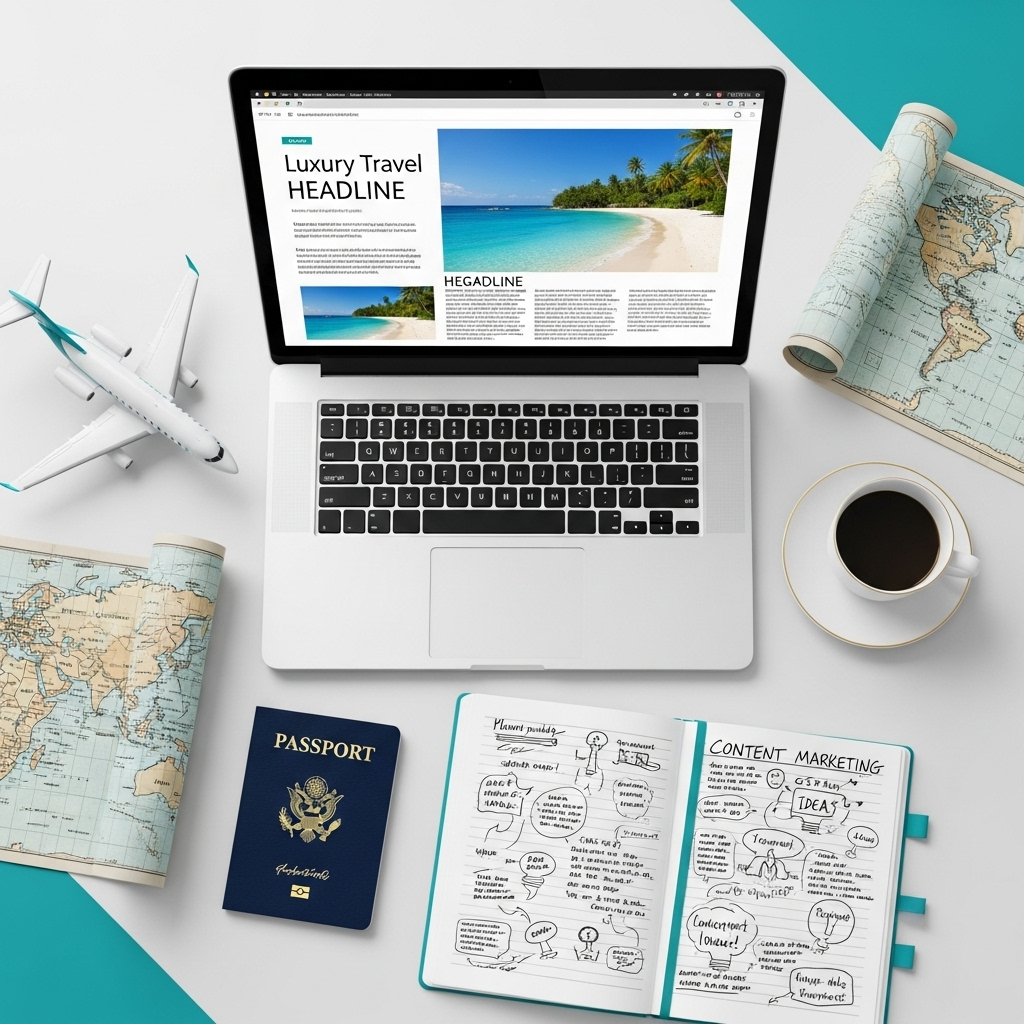 Content marketing workspace for luxury travel blogging