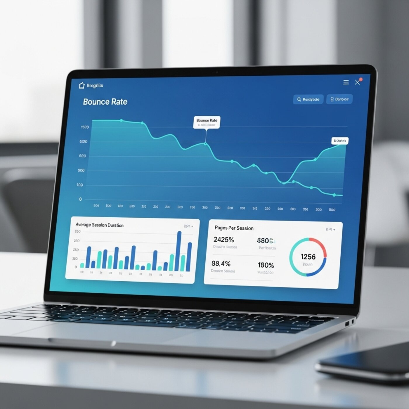 Analytics dashboard showing bounce rate metrics declining with visitor engagement increasing