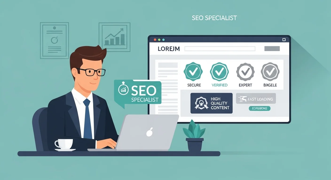 SEO specialist building website authority and trust signals showing expertise indicators and quality metrics on laptop dashboard