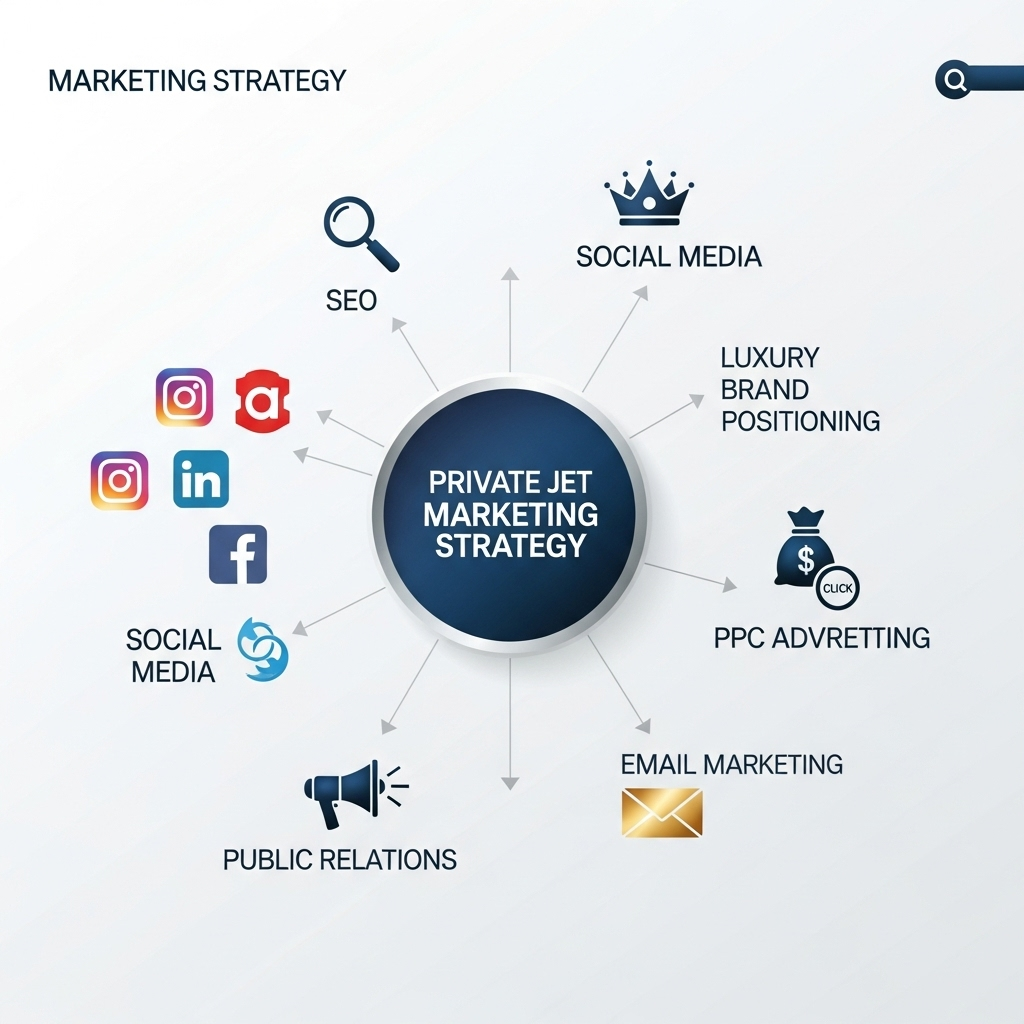 Comprehensive private jet charter company marketing strategy showing SEO PPC social media and partnerships