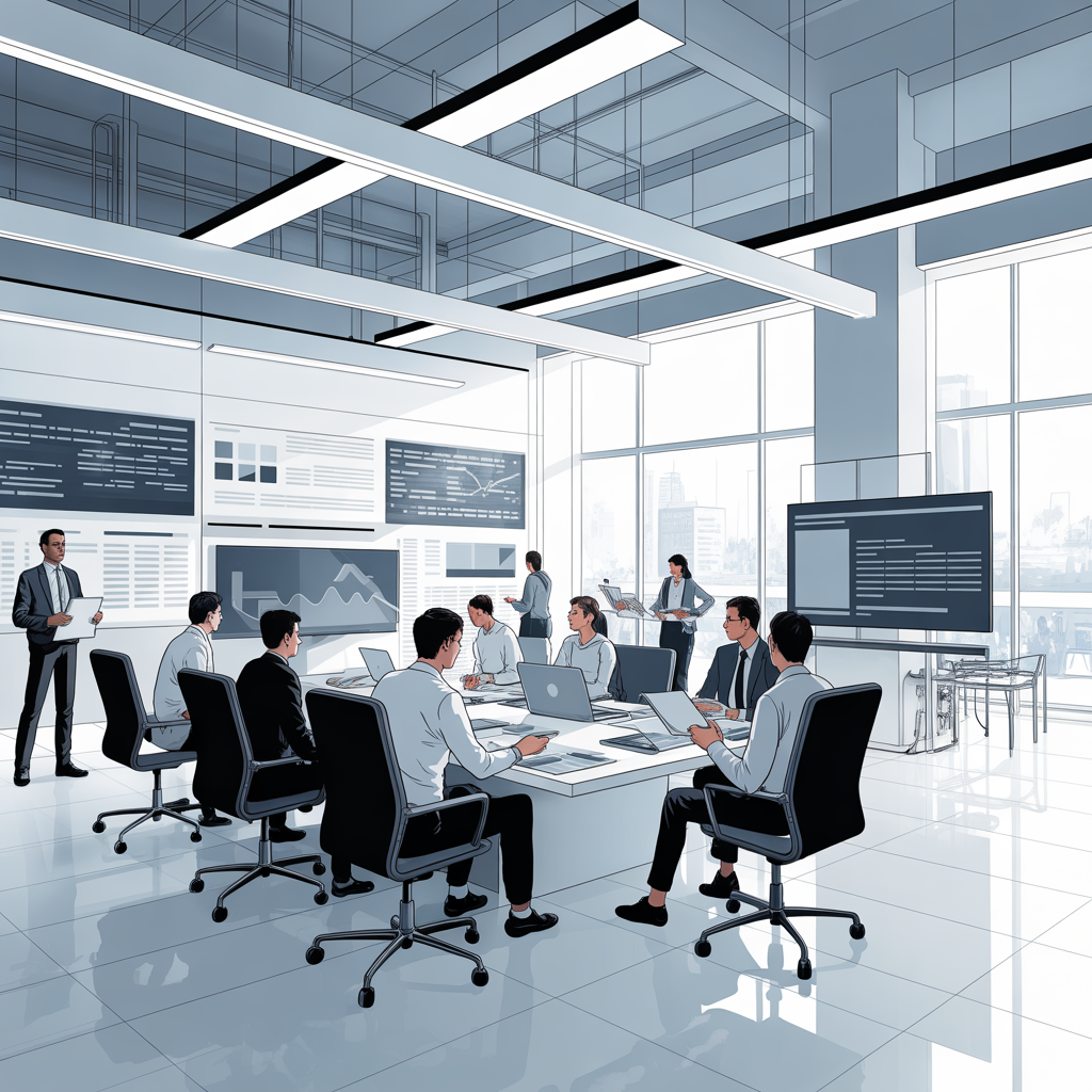 Backend technical SEO strategy presentation showcasing schema markup implementation, structured data optimization and mobile-first indexing improvements in professional boardroom