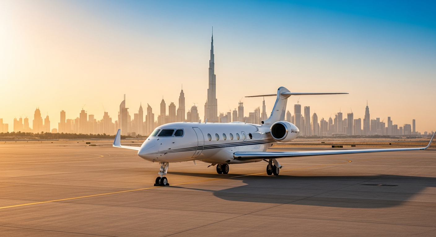 Luxury private jet at Dubai International Airport with modern terminal