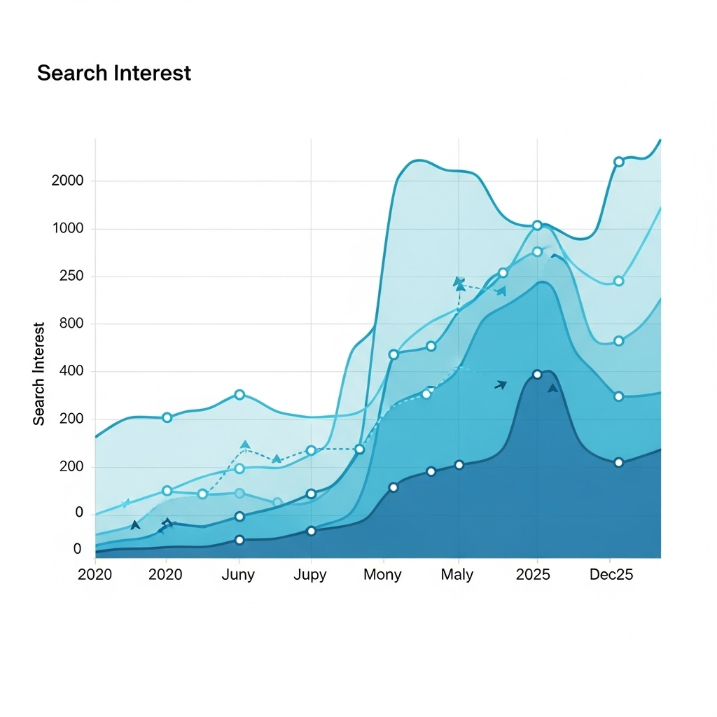 Five-year search trends graph showing evolution of private jet searches from 2020 to 2025