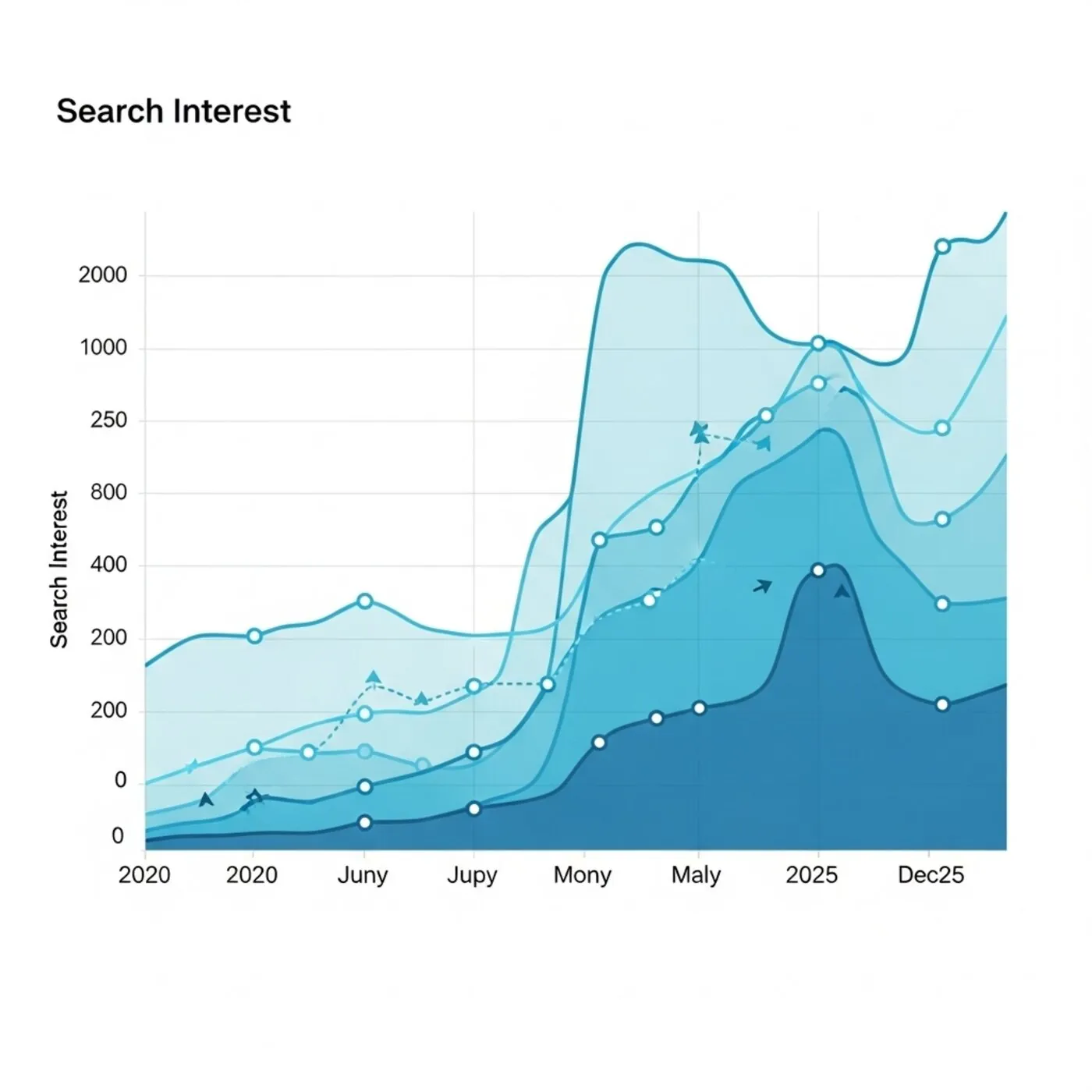 Five-year search trends graph showing evolution of private jet searches from 2020 to 2026