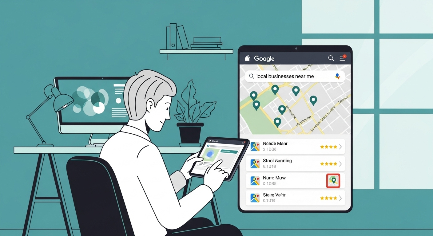 Business owner optimizing Google Business Profile on tablet showing local search rankings and map pack performance metrics