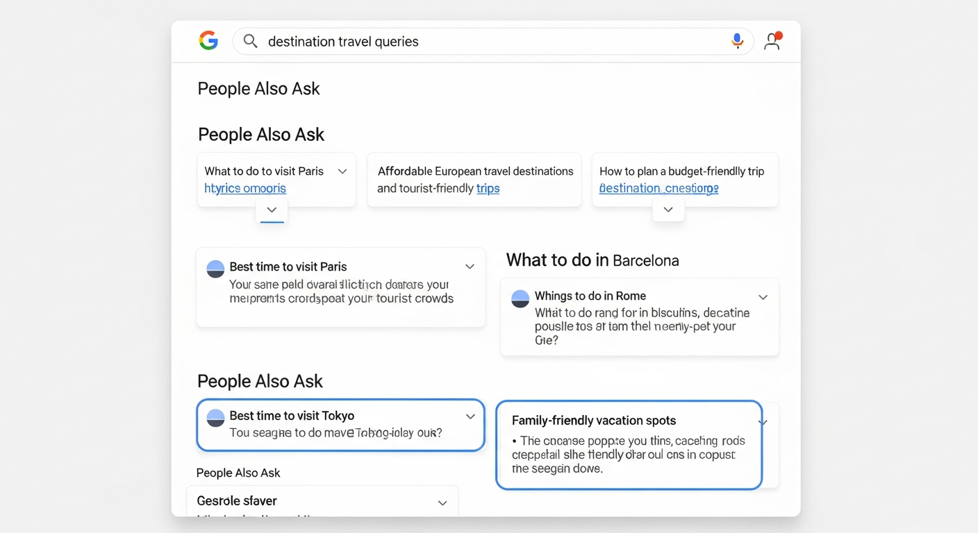 Google search results showing People Also Ask boxes for destination queries