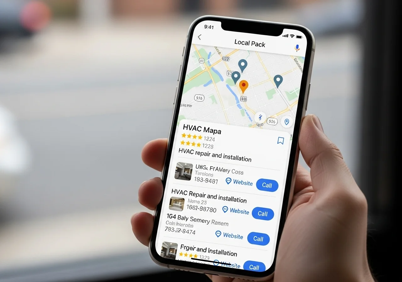 Google local pack showing top 3 map results for HVAC searches