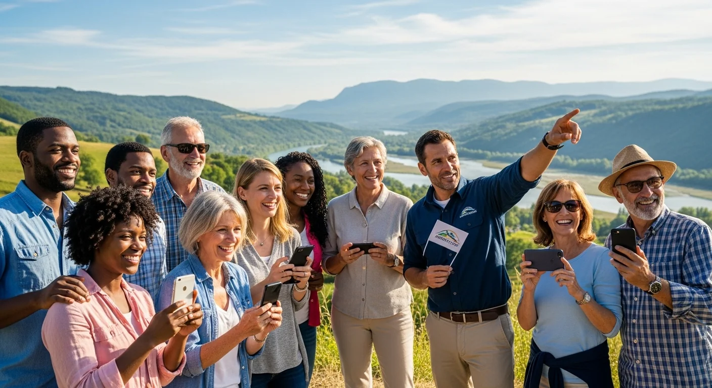 Happy tour group with professional guide exploring destination