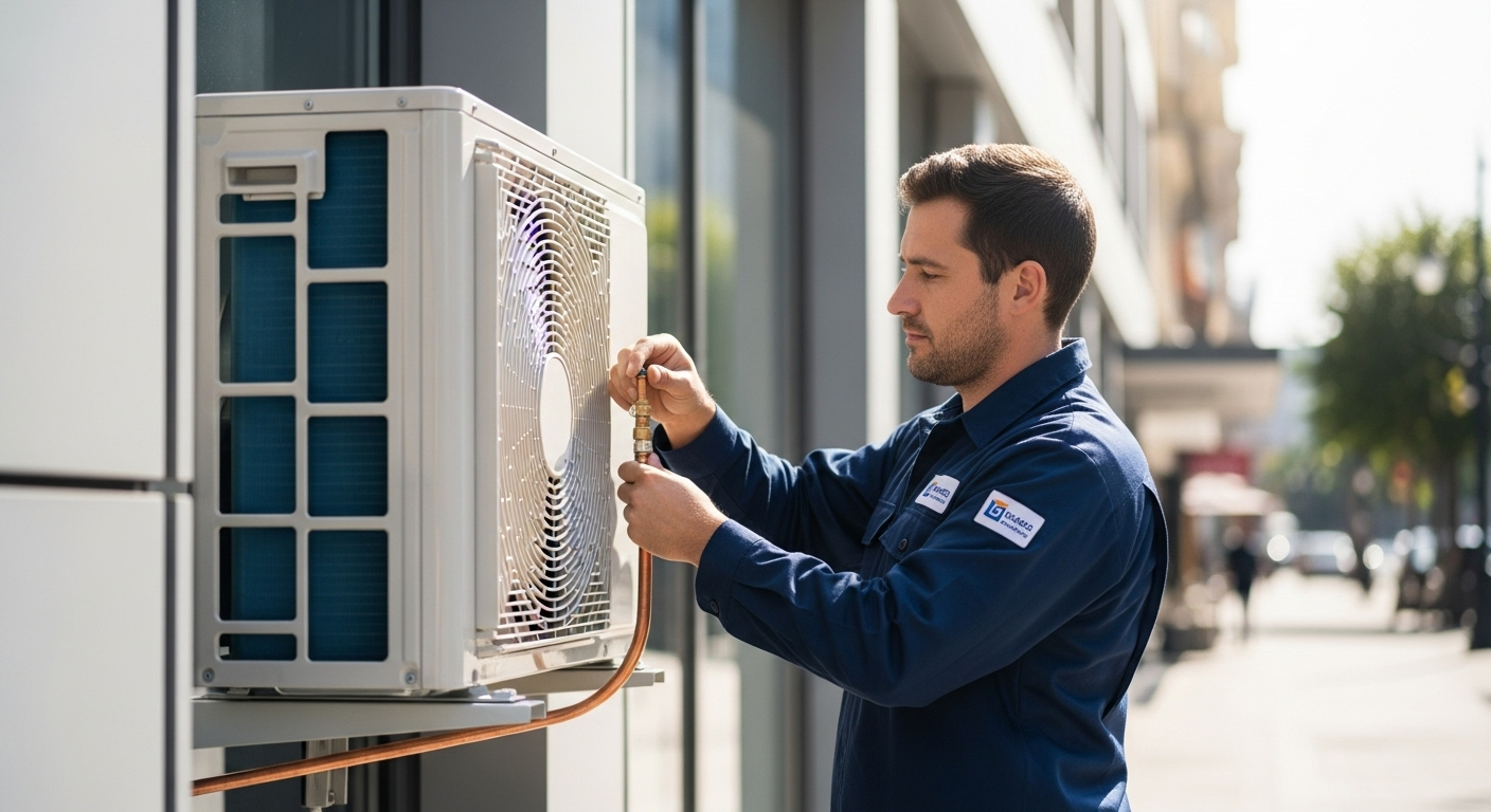 HVAC technician installing air conditioning unit