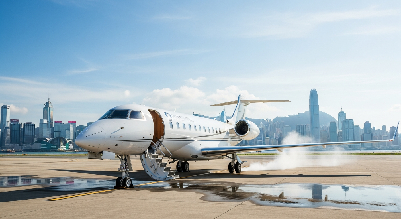 Private jet with Hong Kong skyline and Victoria Harbour