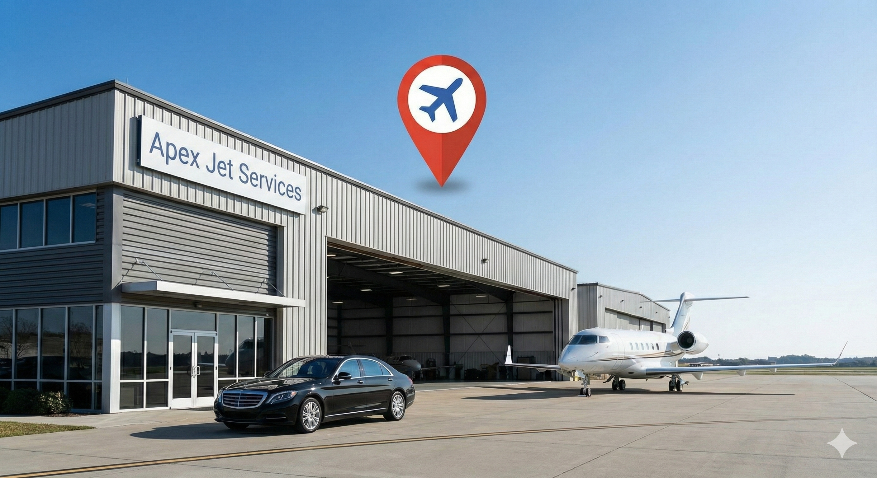 FBO hangar with private jet - local SEO helps aviation businesses near airport hubs get found