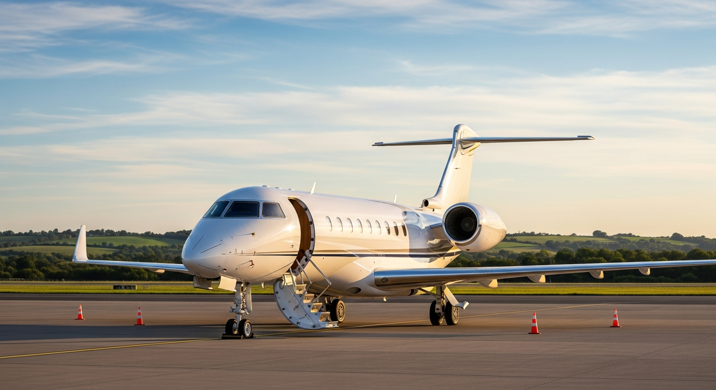 Private jet at Farnborough Airport with London skyline