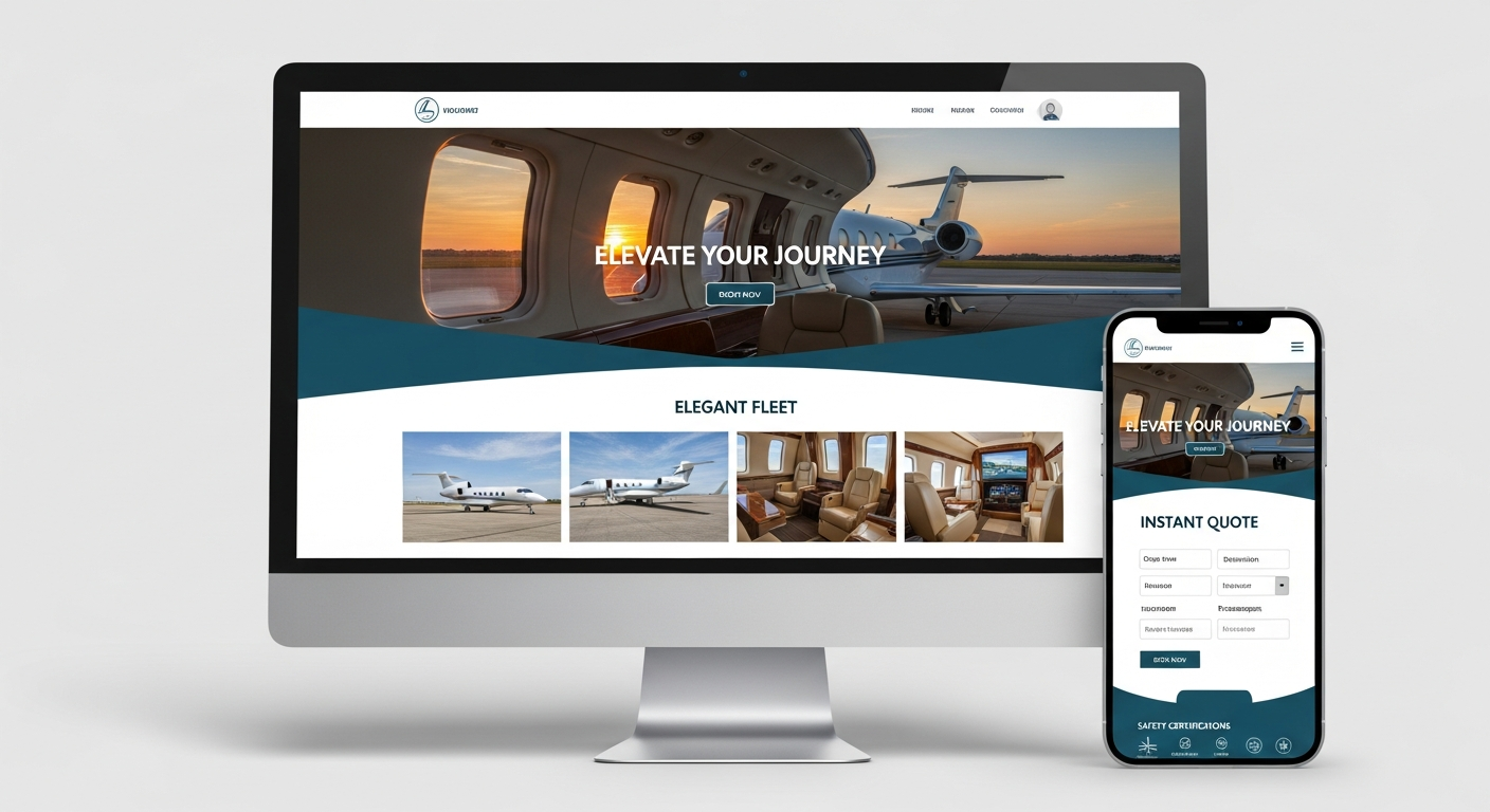Luxury private jet website design mockup showing fleet showcase and contact forms for UHNW clients