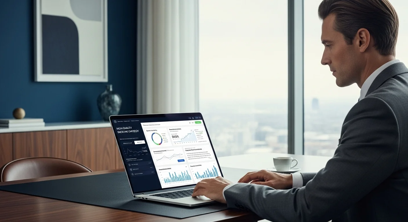 Marketing professional analyzing luxury brand link building strategy showing quality backlinks and editorial partnerships on laptop screen