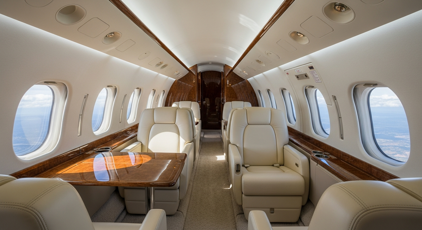 Luxury private jet interior cabin with premium seating - high-end aviation charter experience for UHNW clients