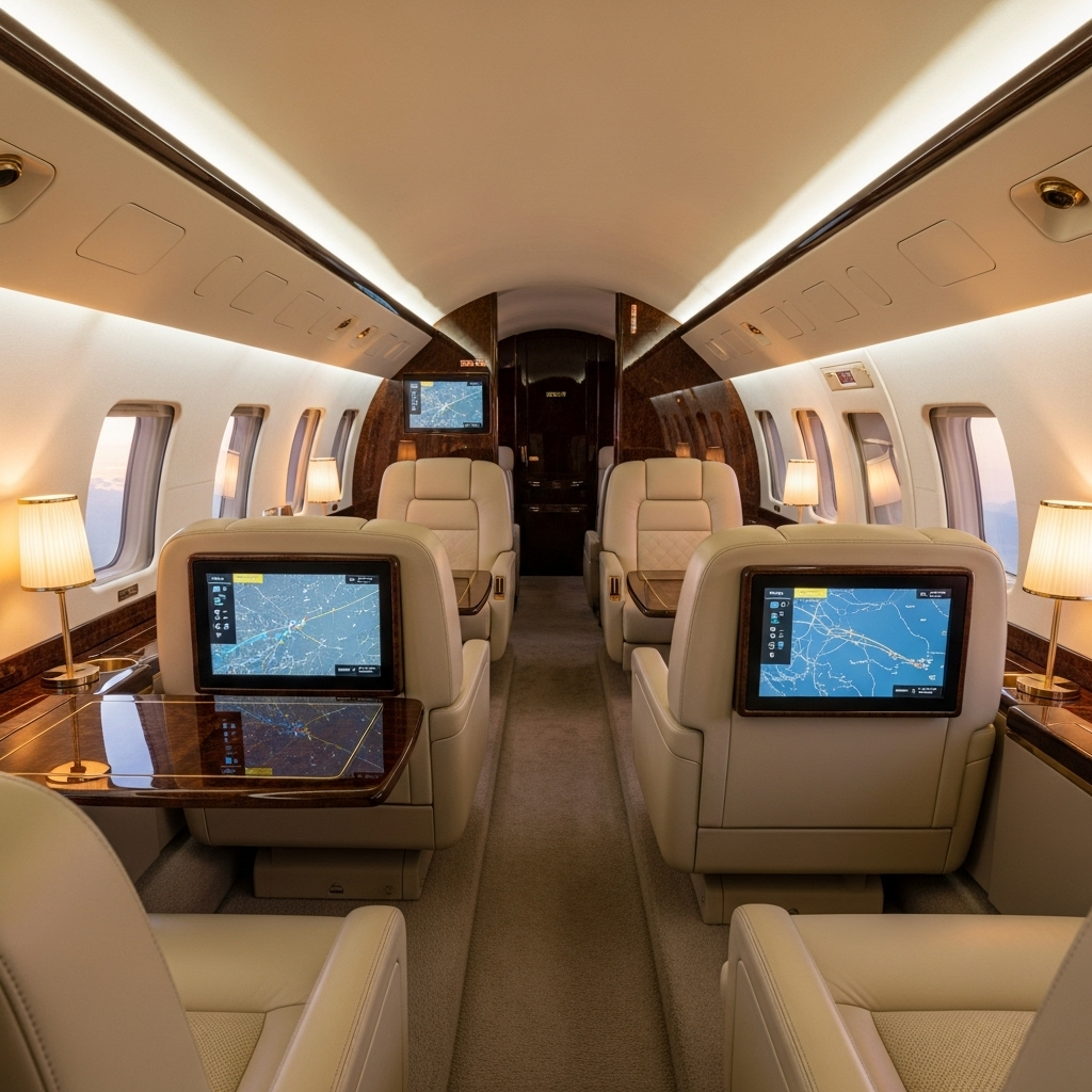 Luxury private jet interior with premium amenities