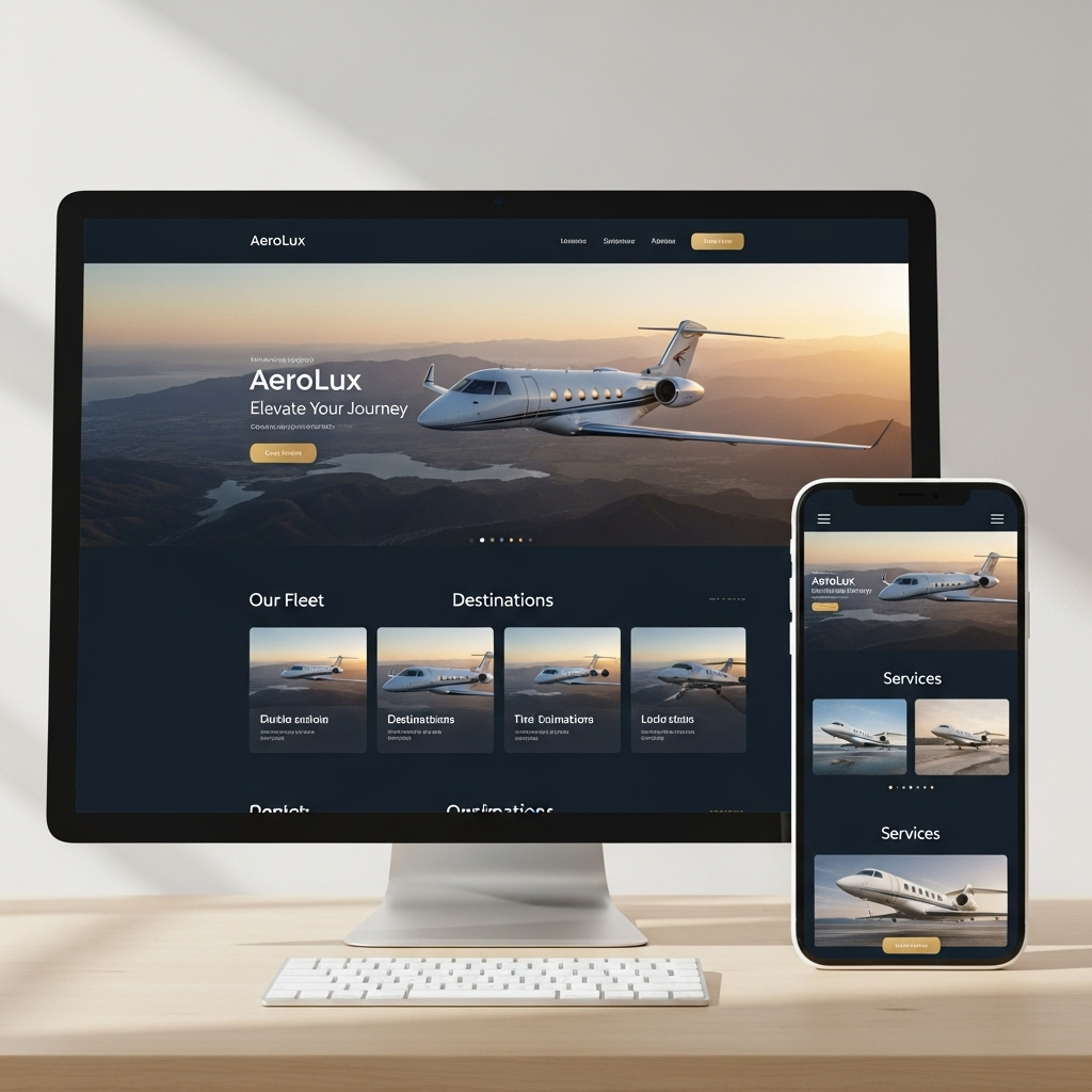 Luxury private jet website design trends 2025 showing modern interface with fleet showcase and instant quote system