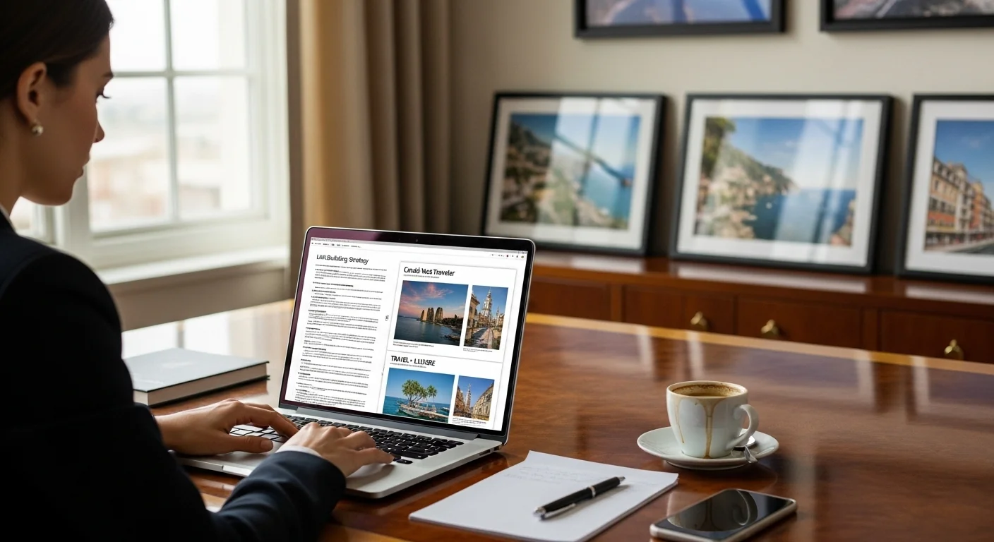 Luxury travel marketing professional analyzing premium link building strategy showing editorial coverage from top travel publications