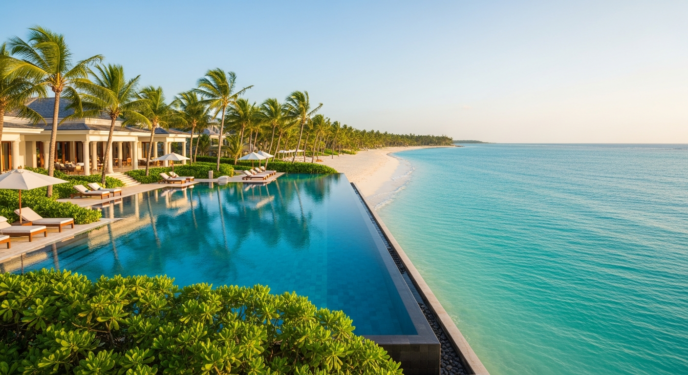 Luxury tropical beach resort with infinity pool palm trees exclusive five-star hotel destination for affluent wealthy travellers