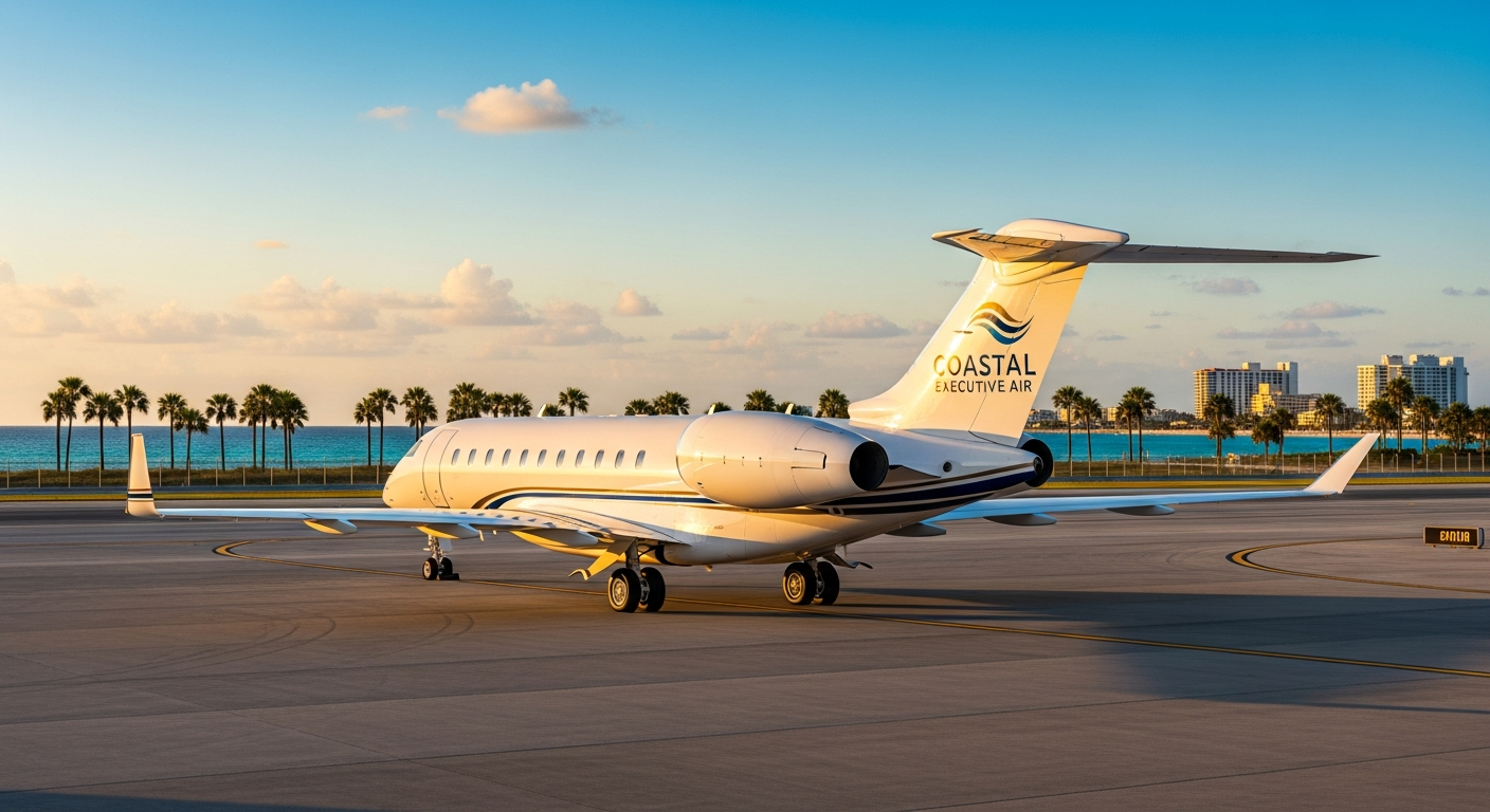 Luxury private jet at Miami Opa-locka Airport with tropical background