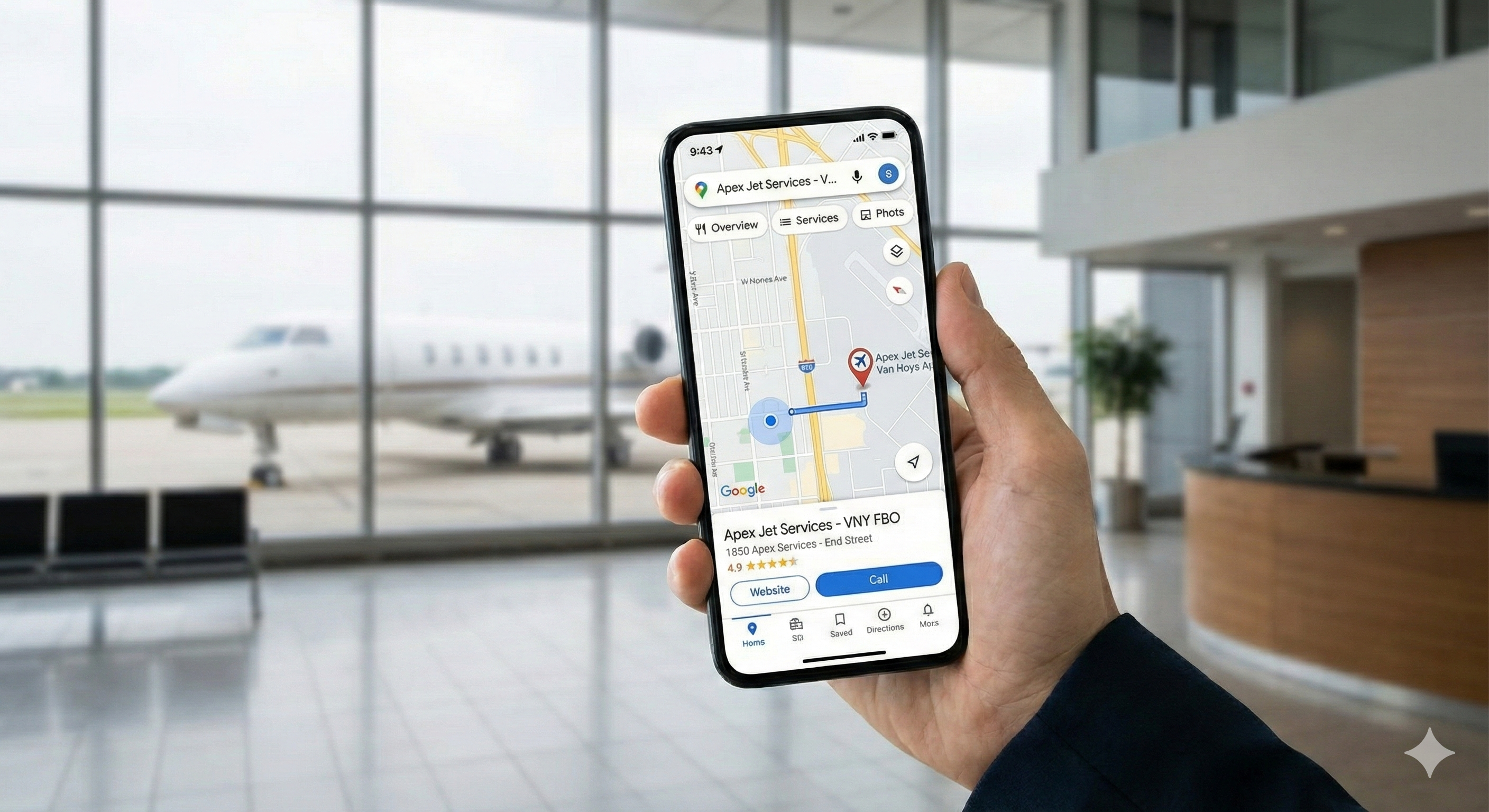 Google Maps showing private jet FBO location - local SEO visibility for aviation businesses