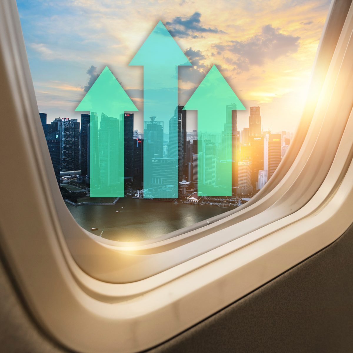 Private jet window view with rising growth arrows representing SEO ranking improvements