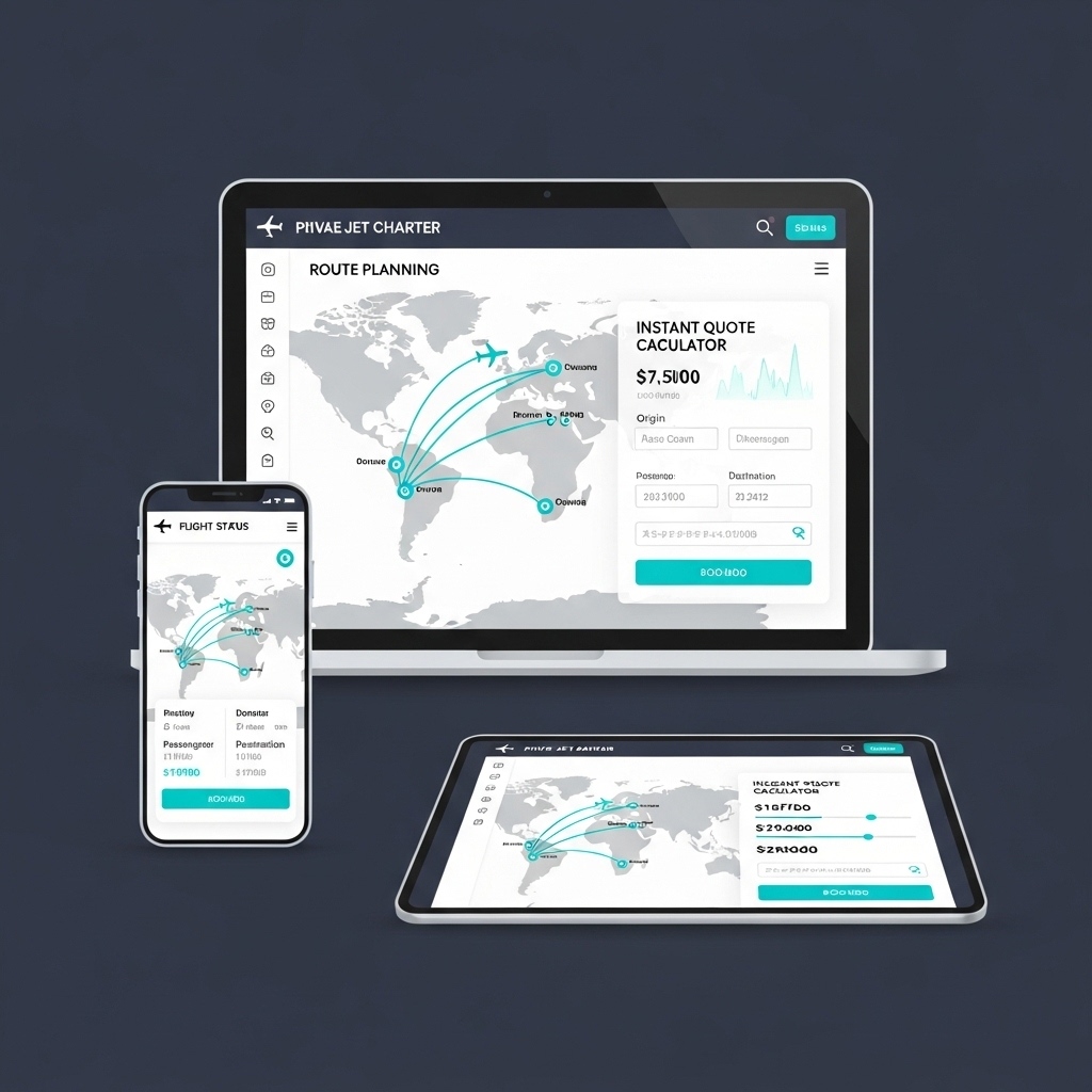 Private Jet SEO - Charter Booking Technology Private jet charter booking technology interface route planning instant quote calculator aviation digital services search optimization