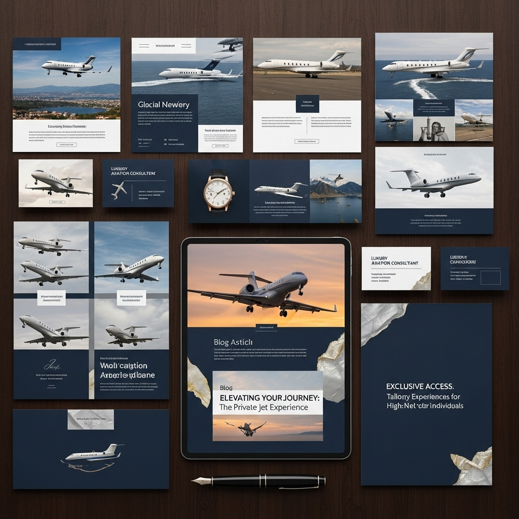 Private jet content marketing strategy showing blog topics social media posts and email newsletters