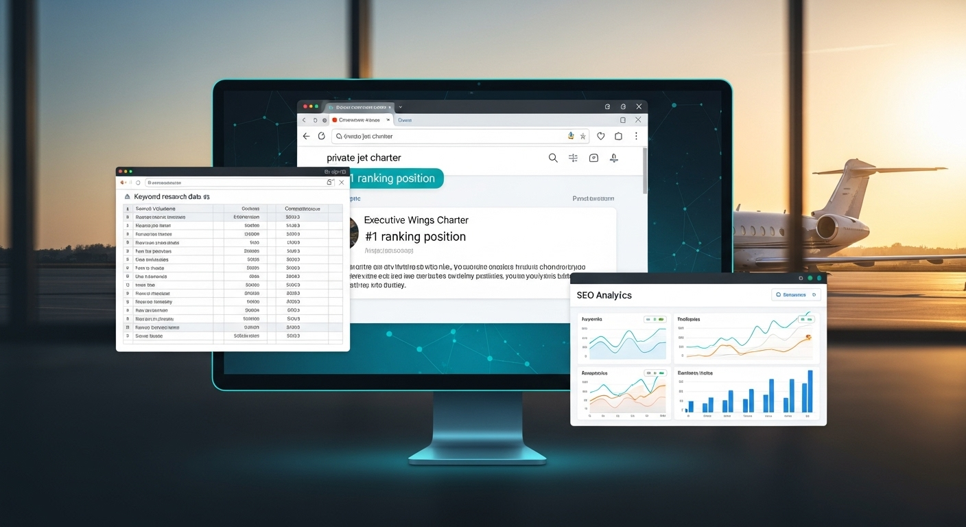 SEO strategist analyzing private jet charter keyword rankings on laptop with data visualizations showing search performance metrics