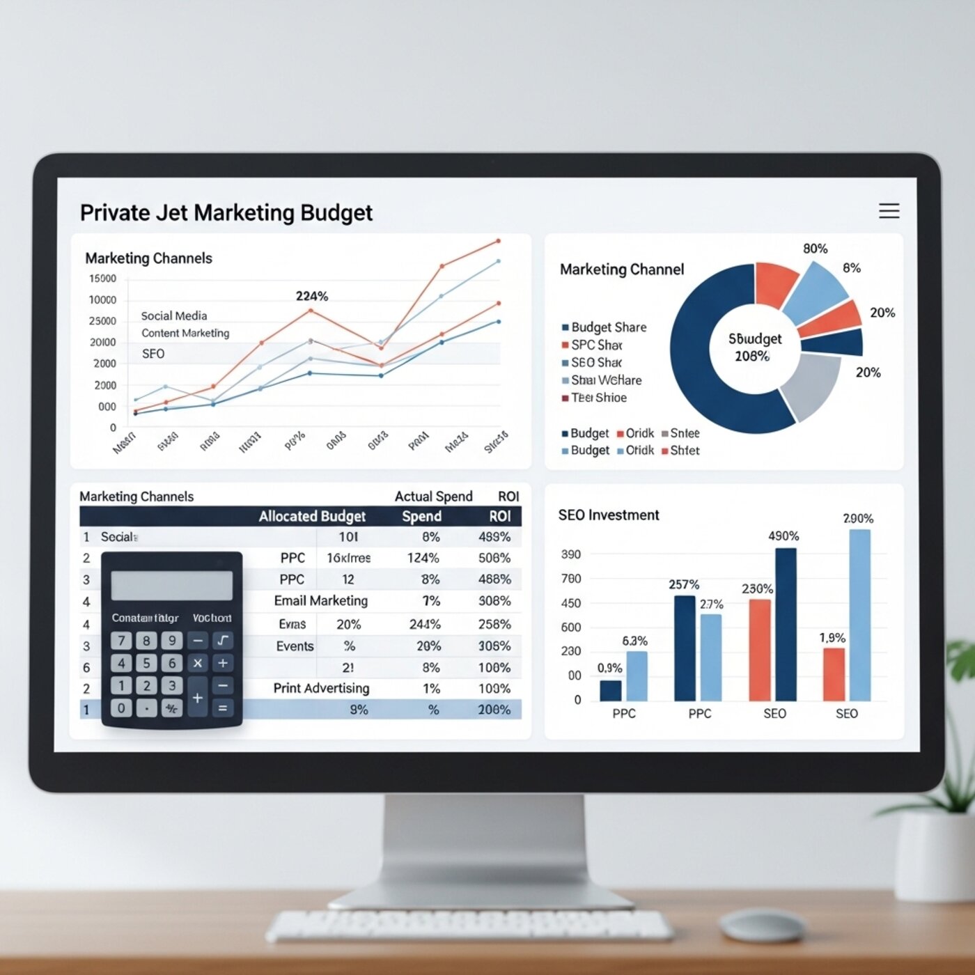 Private jet marketing budget planning calculator showing channel allocation and ROI metrics