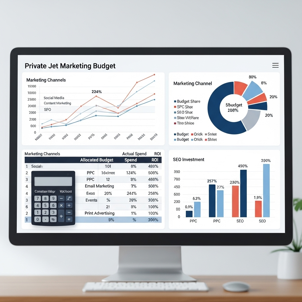 Private jet marketing budget planning calculator showing channel allocation and ROI metrics