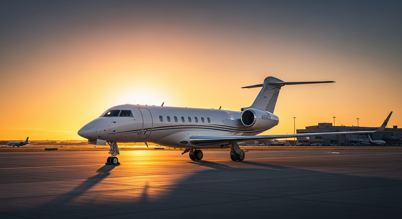 Private jet charter aircraft on luxury airport tarmac - SEO services for aviation companies targeting high-net-worth clients
