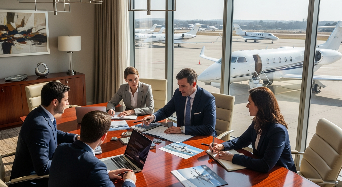 Private jet SEO pricing consultation with business professionals discussing digital marketing investment