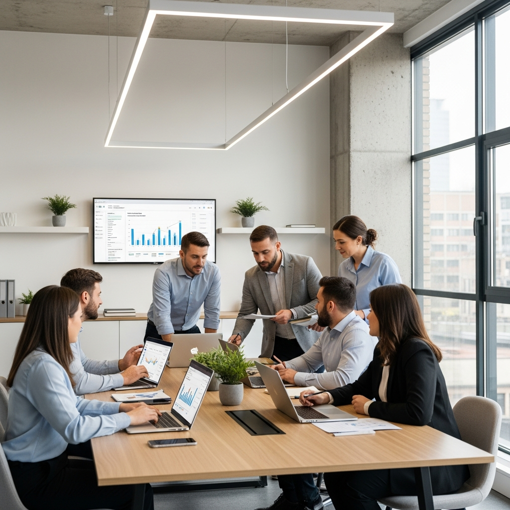 Professional SEO agency team collaborating on private jet aviation marketing strategies with digital analytics and keyword research