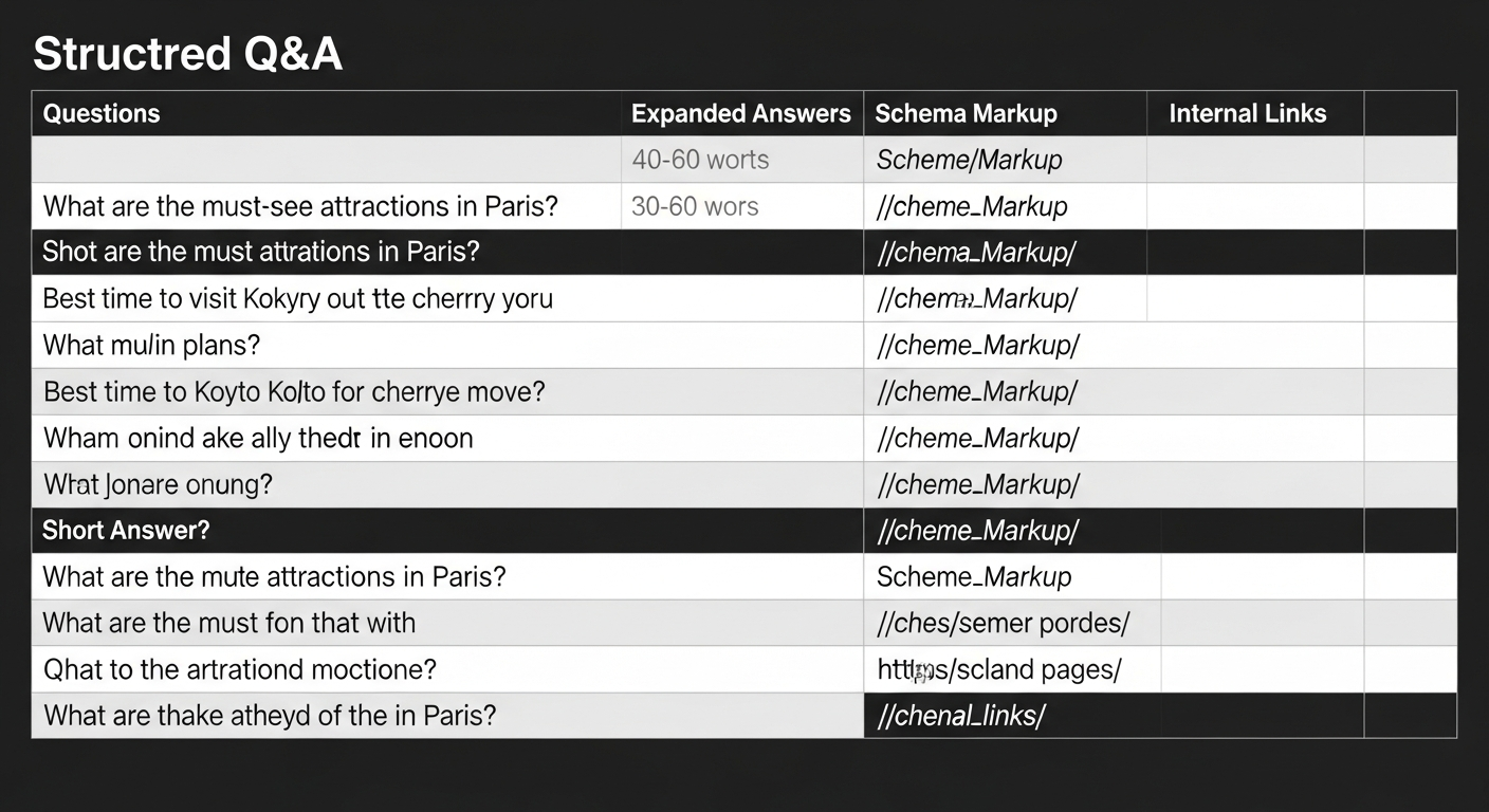 Q&A template spreadsheet showing structured destination queries with schema markup