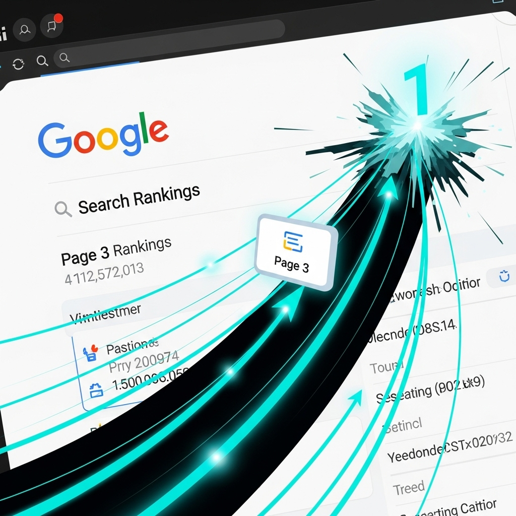 Google rankings improvement visualization showing climb to page 1
