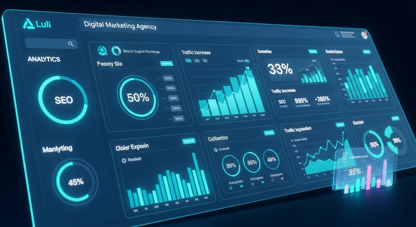 Digital marketing dashboard showing SEO agency performance metrics with growth charts and analytics data