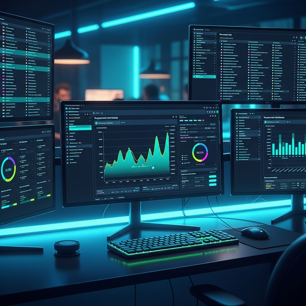 SEO analytics workspace showing keyword research, search volume data, and ranking improvements