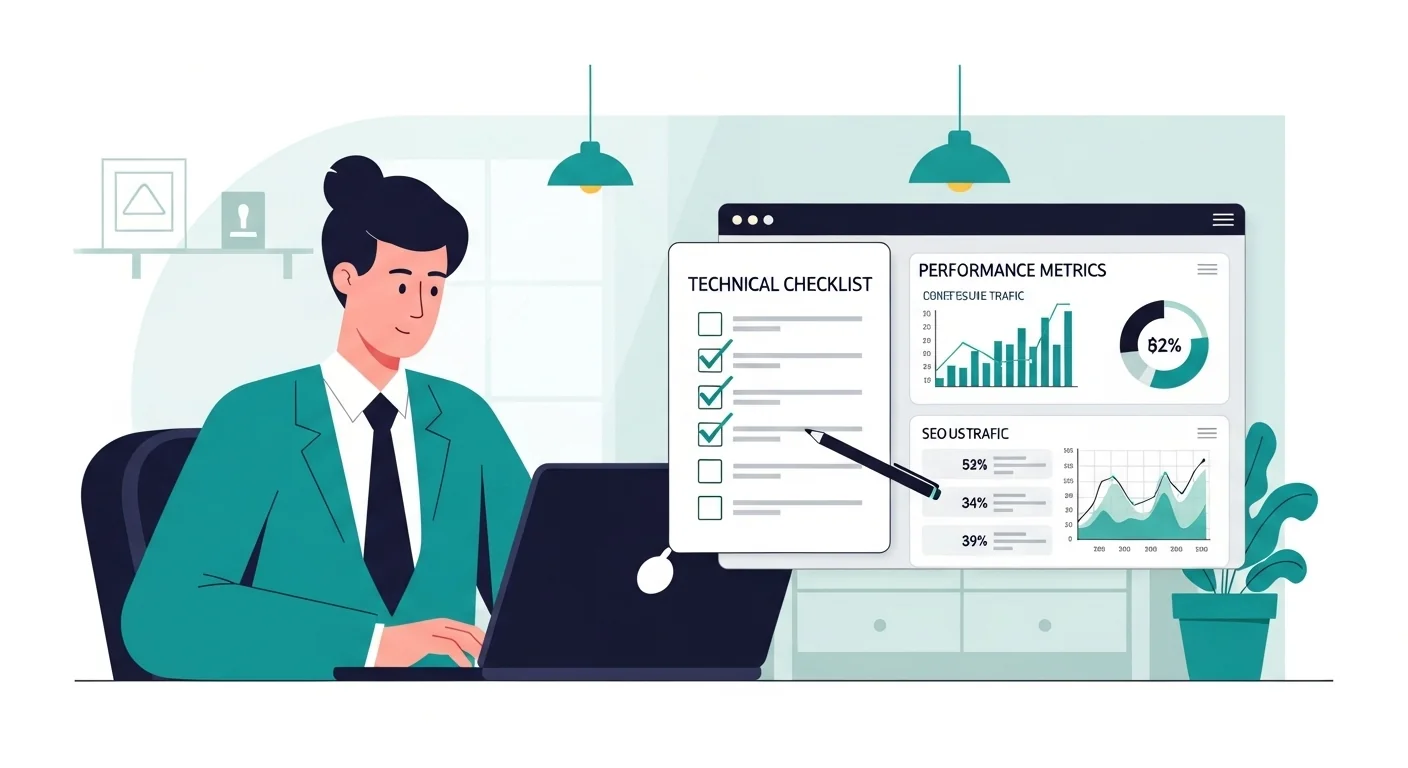 SEO specialist conducting comprehensive website audit on laptop showing technical performance metrics and optimization checklist analysis