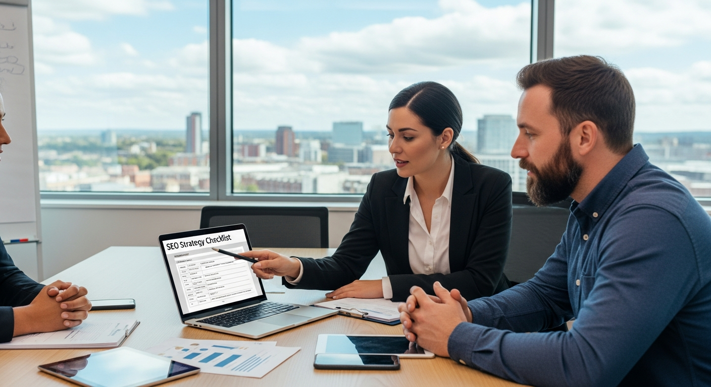 Business consultant presenting SEO strategy checklist to Exeter business owner in modern office
