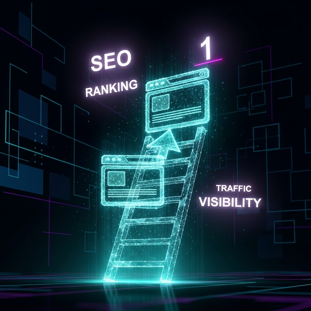 SEO rankings climbing to page 1 of Google search results with vibrant teal visualization