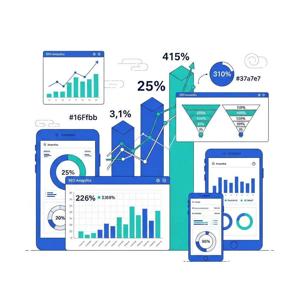 SEO analytics dashboard showing traffic growth metrics and statistics