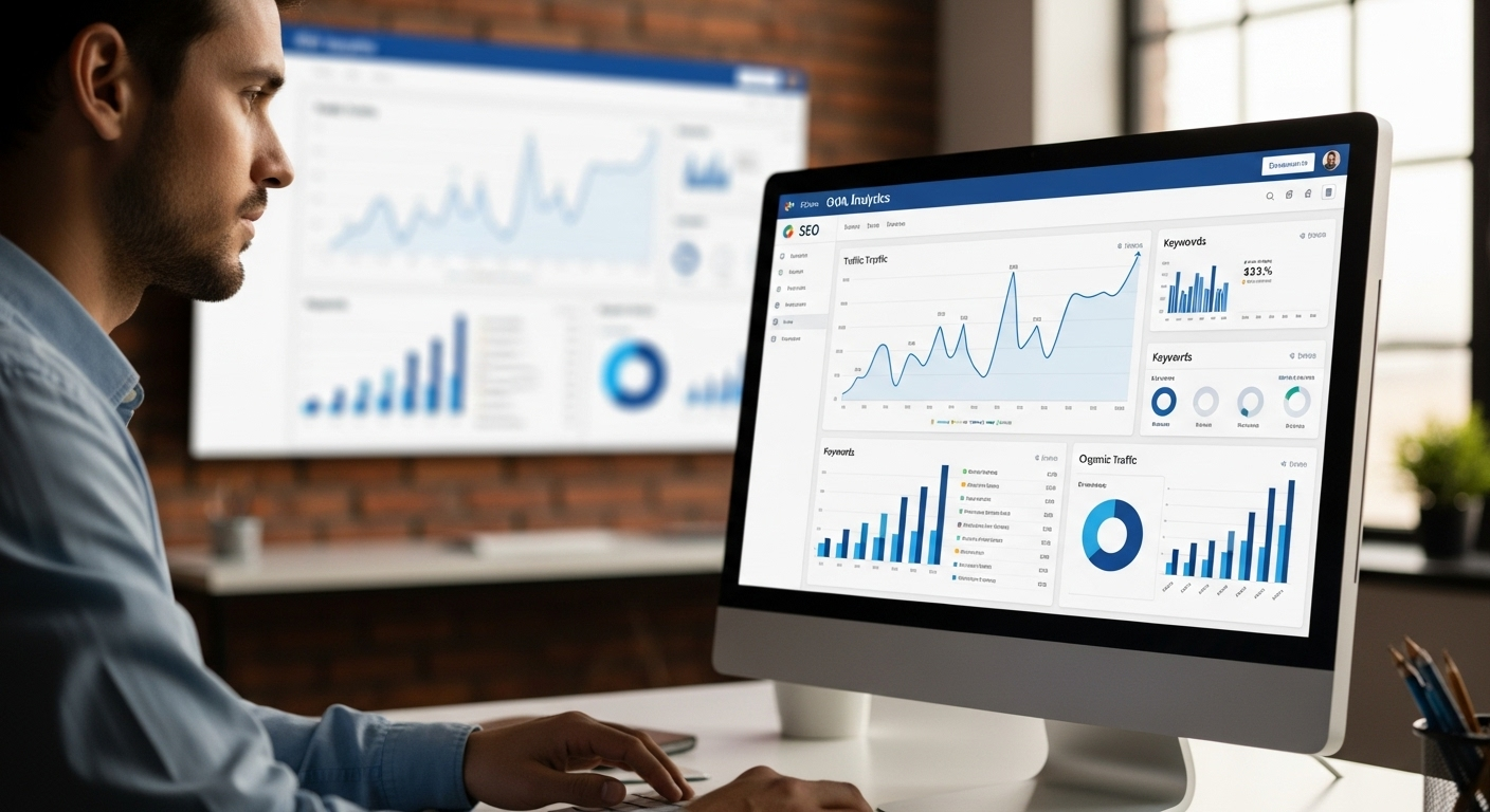 SEO professional analyzing traffic growth analytics dashboard showing ranking improvements and organic traffic increases