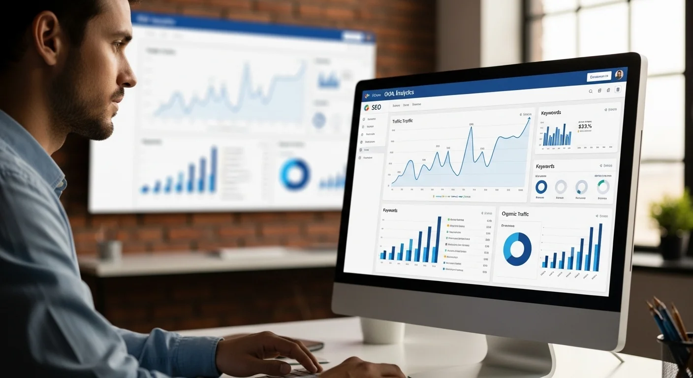 SEO professional analyzing traffic growth analytics dashboard showing ranking improvements and organic traffic increases