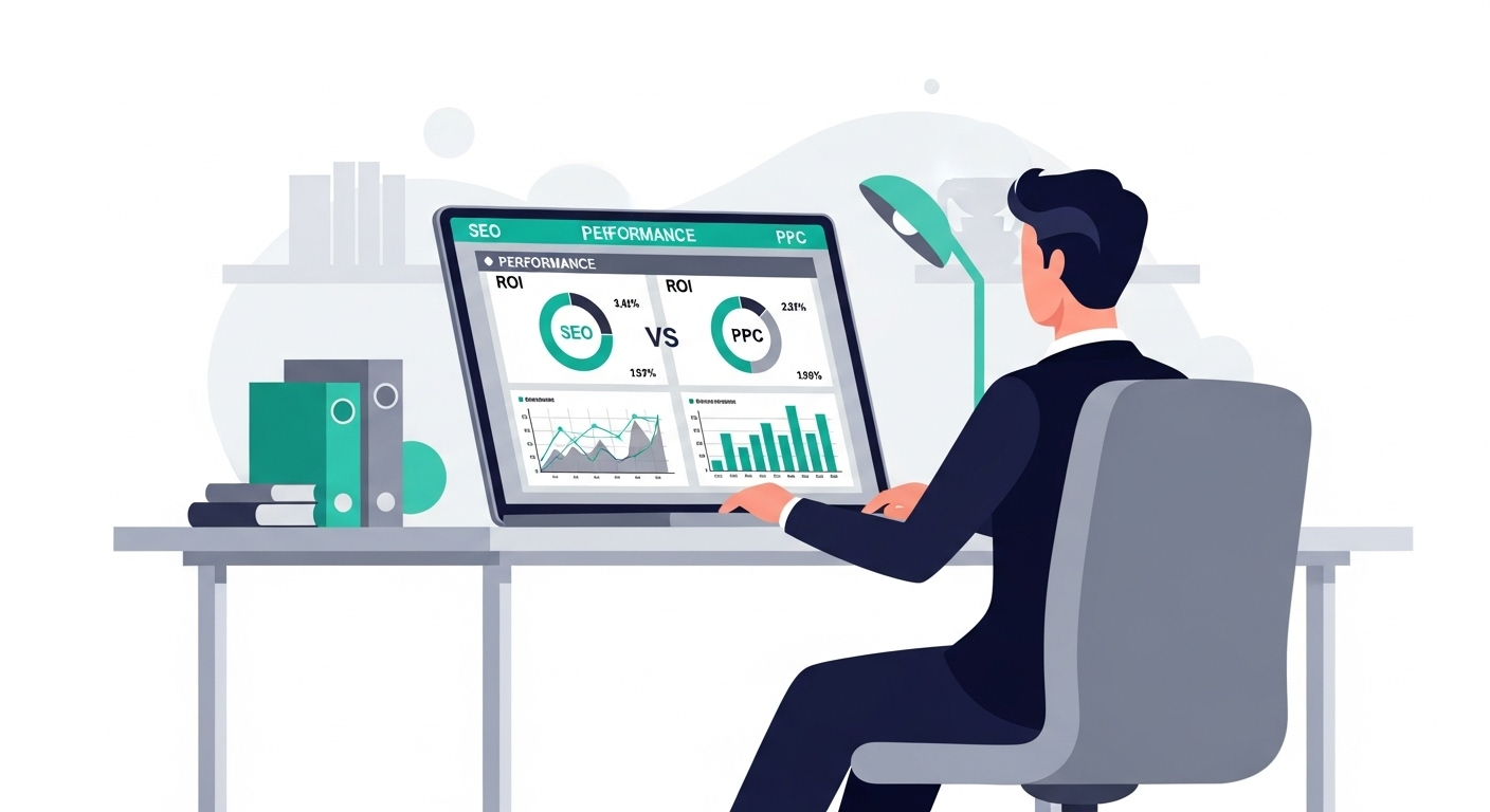 Marketing professional comparing SEO and PPC performance metrics on laptop showing ROI analysis charts and conversion data visualizations